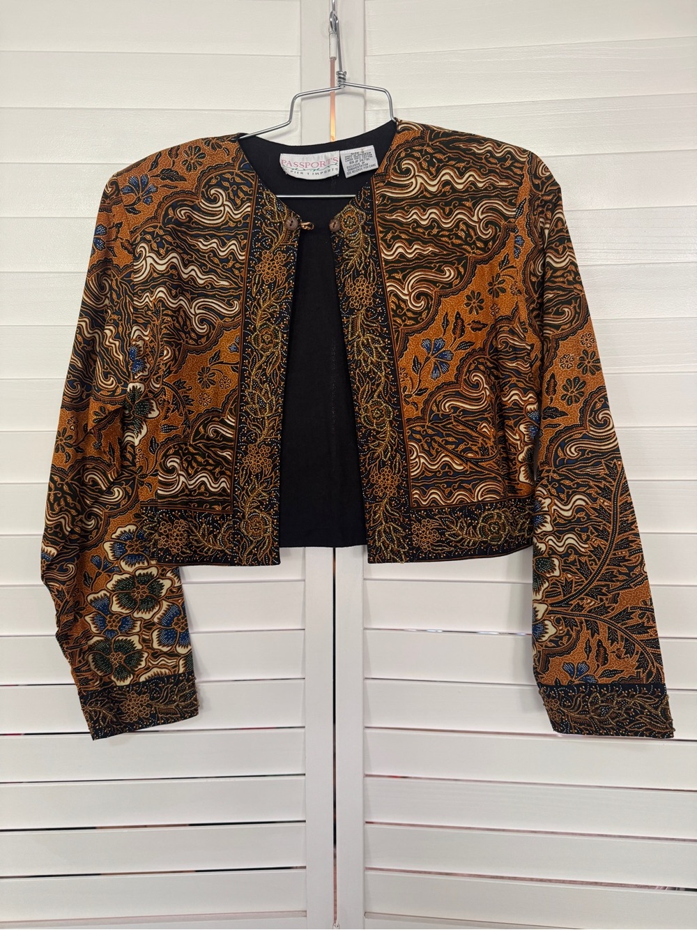 Vintage 90s Passports of Pier 1 Imports Brown Batik Beaded Cropped Jacket S